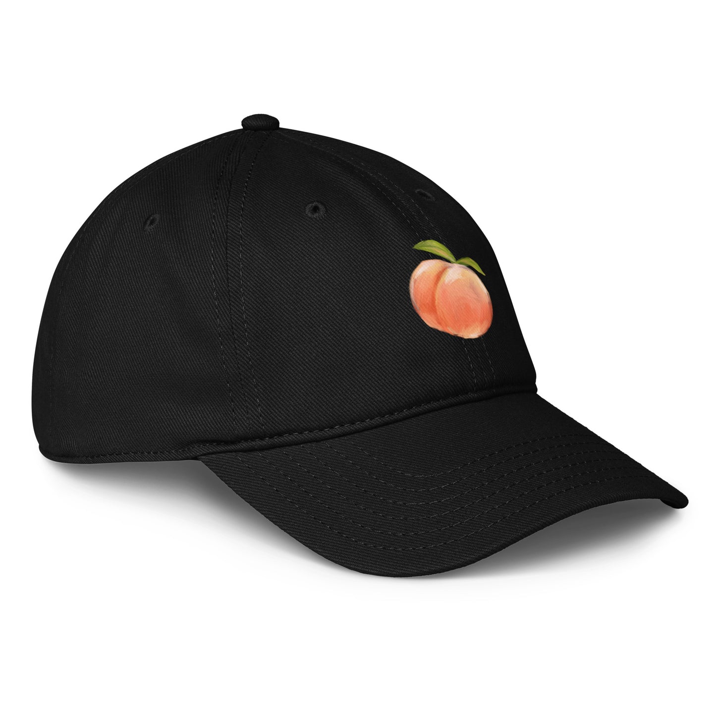 Boys of Joy Classic Peach Cap — black low-profile baseball cap, right three-quarter front view with embroidered peach icon and curved brim.