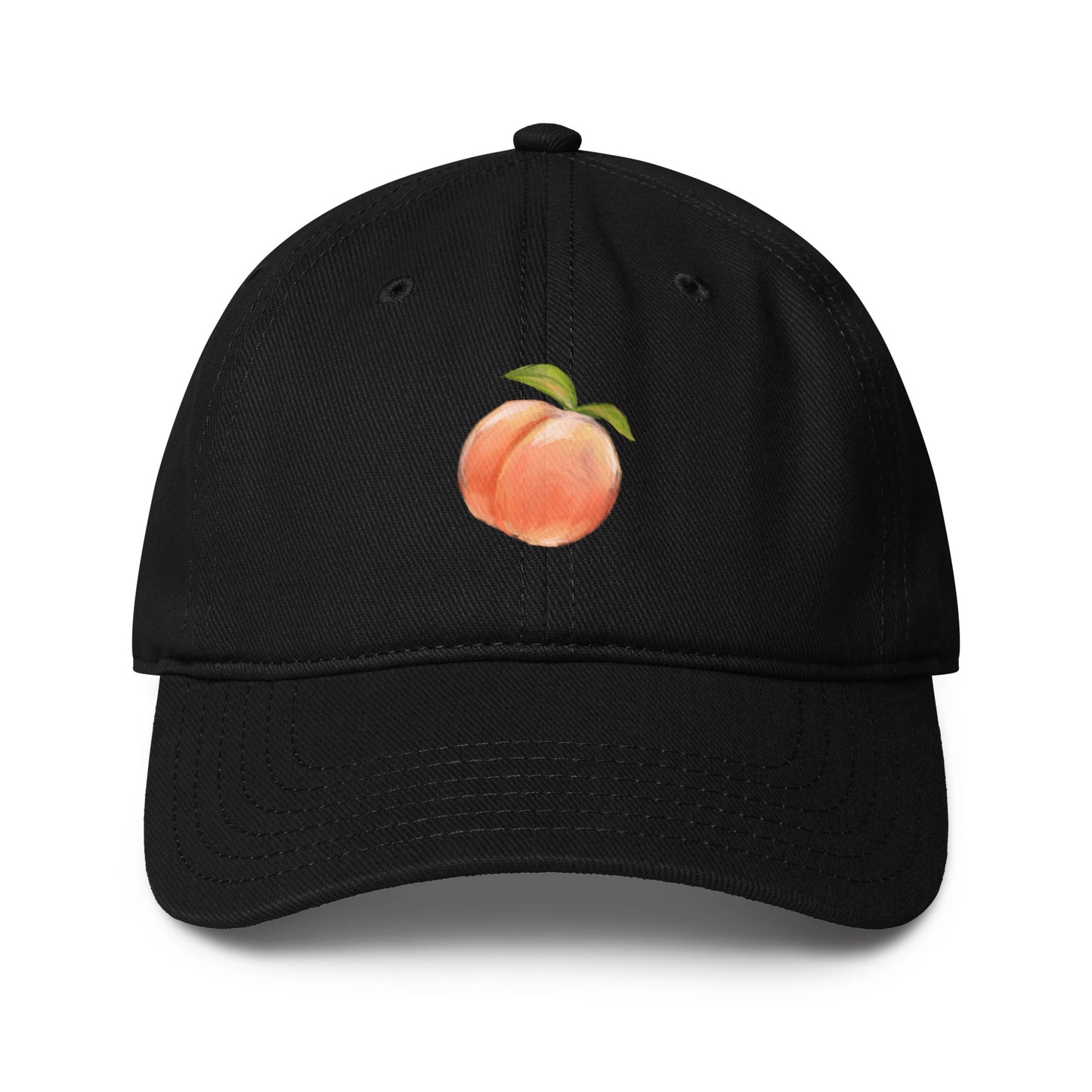 Boys of Joy Classic Peach Cap — straight-on front view of black low-profile baseball cap with centered embroidered peach icon.