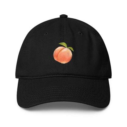 Boys of Joy Classic Peach Cap — straight-on front view of black low-profile baseball cap with centered embroidered peach icon.