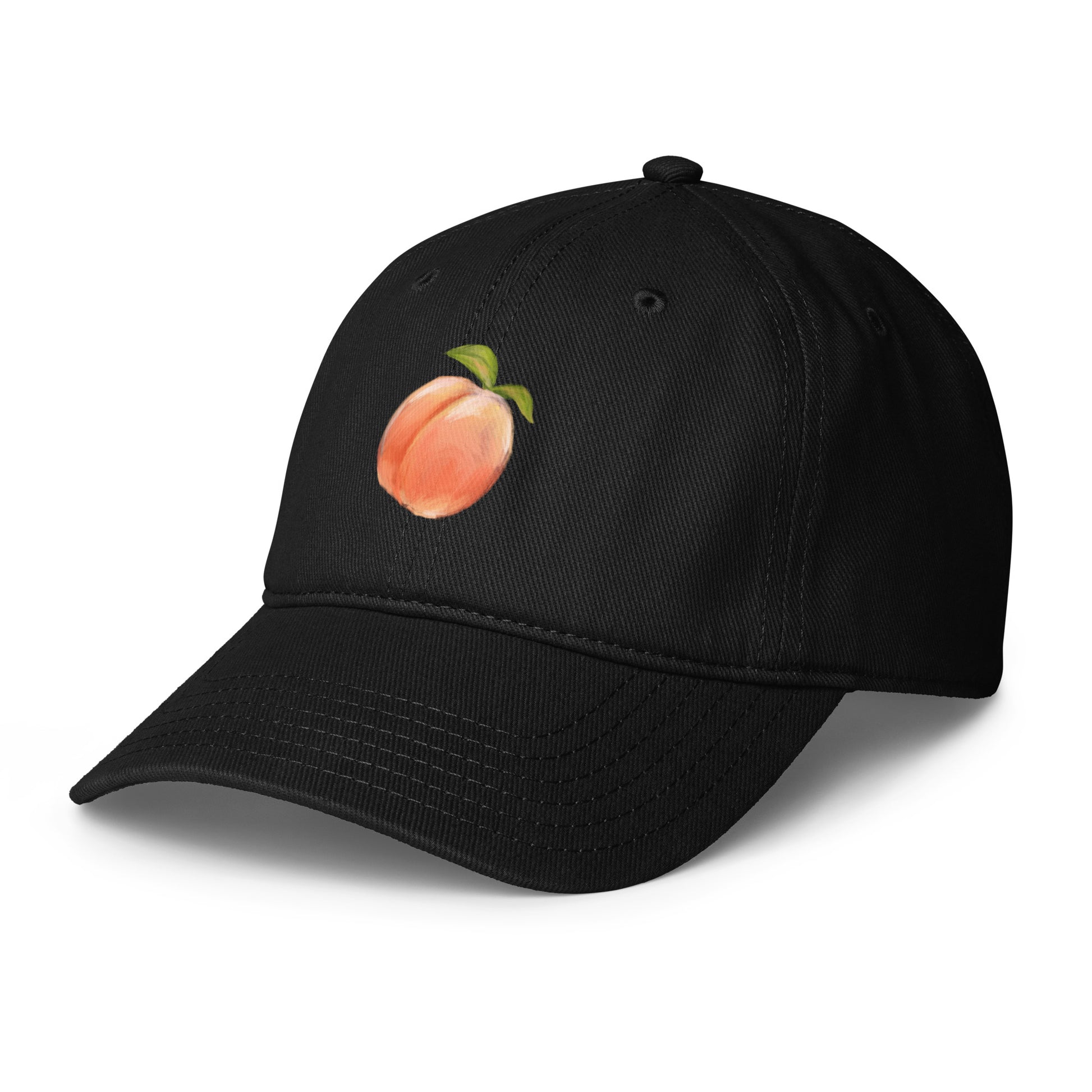 Boys of Joy Classic Peach Cap — black low-profile baseball cap, left three-quarter front view showing peach embroidery on front panel.