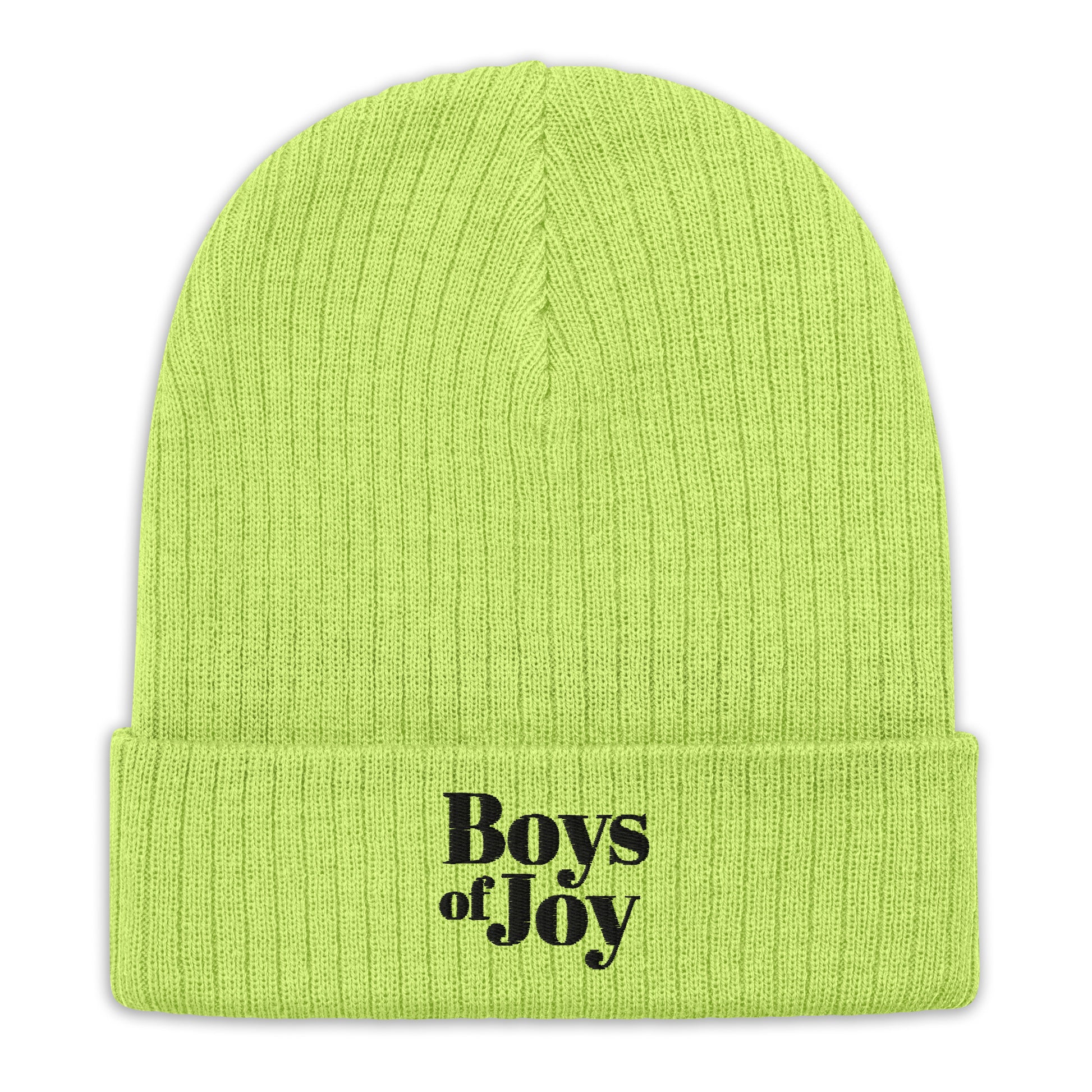 Acid-green ribbed knit beanie, cuffed with black ‘Boys of Joy’ embroidery, front product view on white.