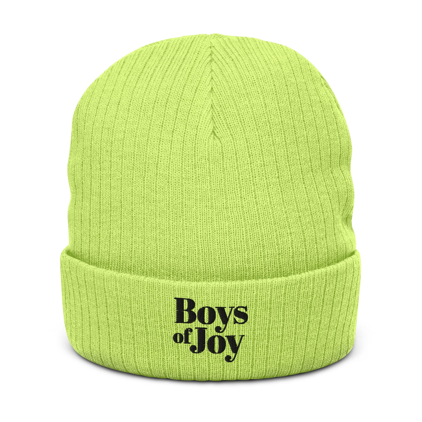 Acid-green ribbed beanie, angled front view; cuffed with black ‘Boys of Joy’ embroidery.