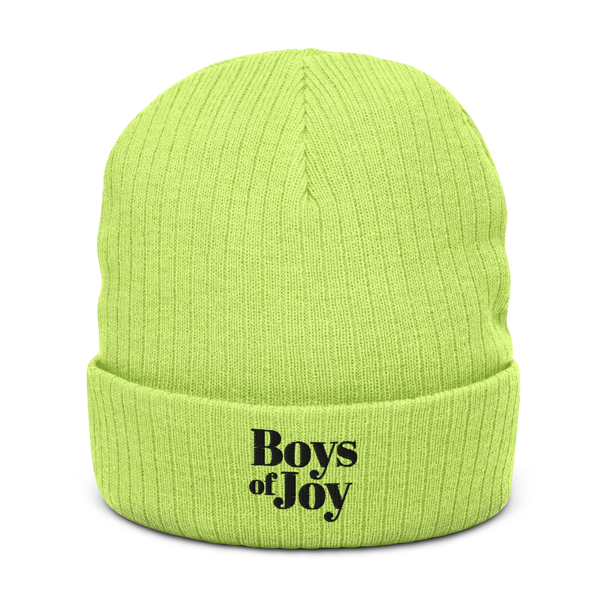 Acid-green ribbed beanie, angled front view; cuffed with black ‘Boys of Joy’ embroidery.