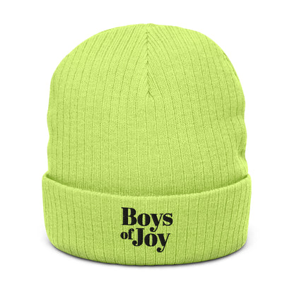Acid-green ribbed beanie, angled front view; cuffed with black ‘Boys of Joy’ embroidery.