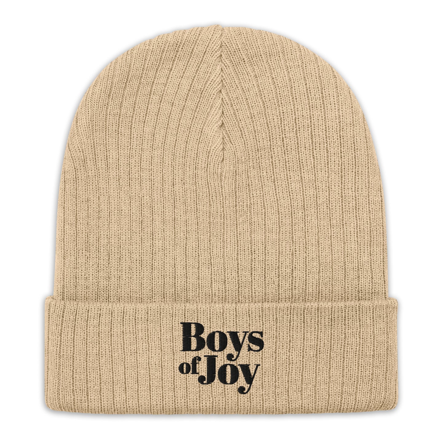 Beige ribbed knit beanie, cuffed with black ‘Boys of Joy’ logo—front product shot on white.