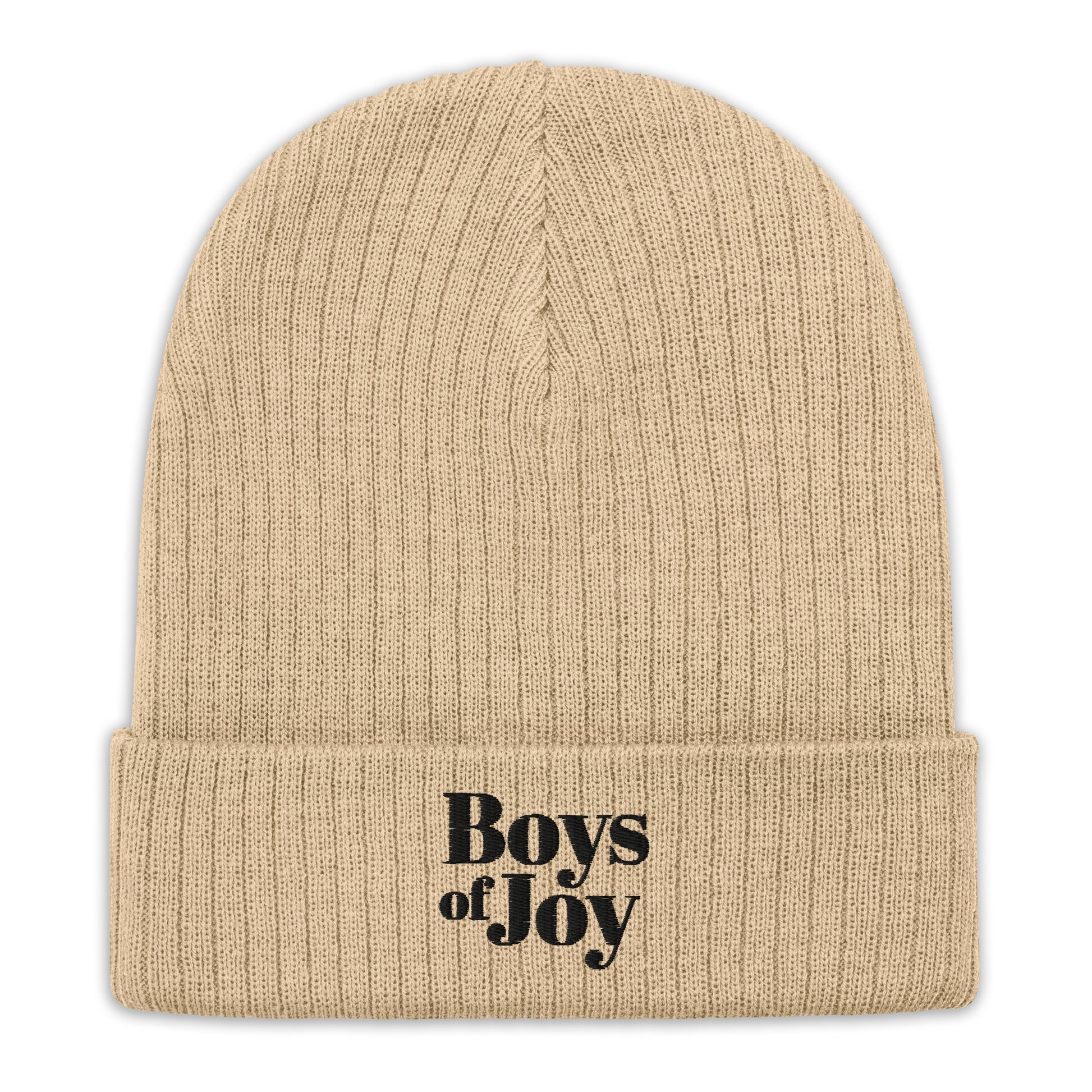 Beige ribbed knit beanie, cuffed with black ‘Boys of Joy’ logo—front product shot on white.