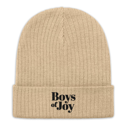 Beige ribbed knit beanie, cuffed with black ‘Boys of Joy’ logo—front product shot on white.