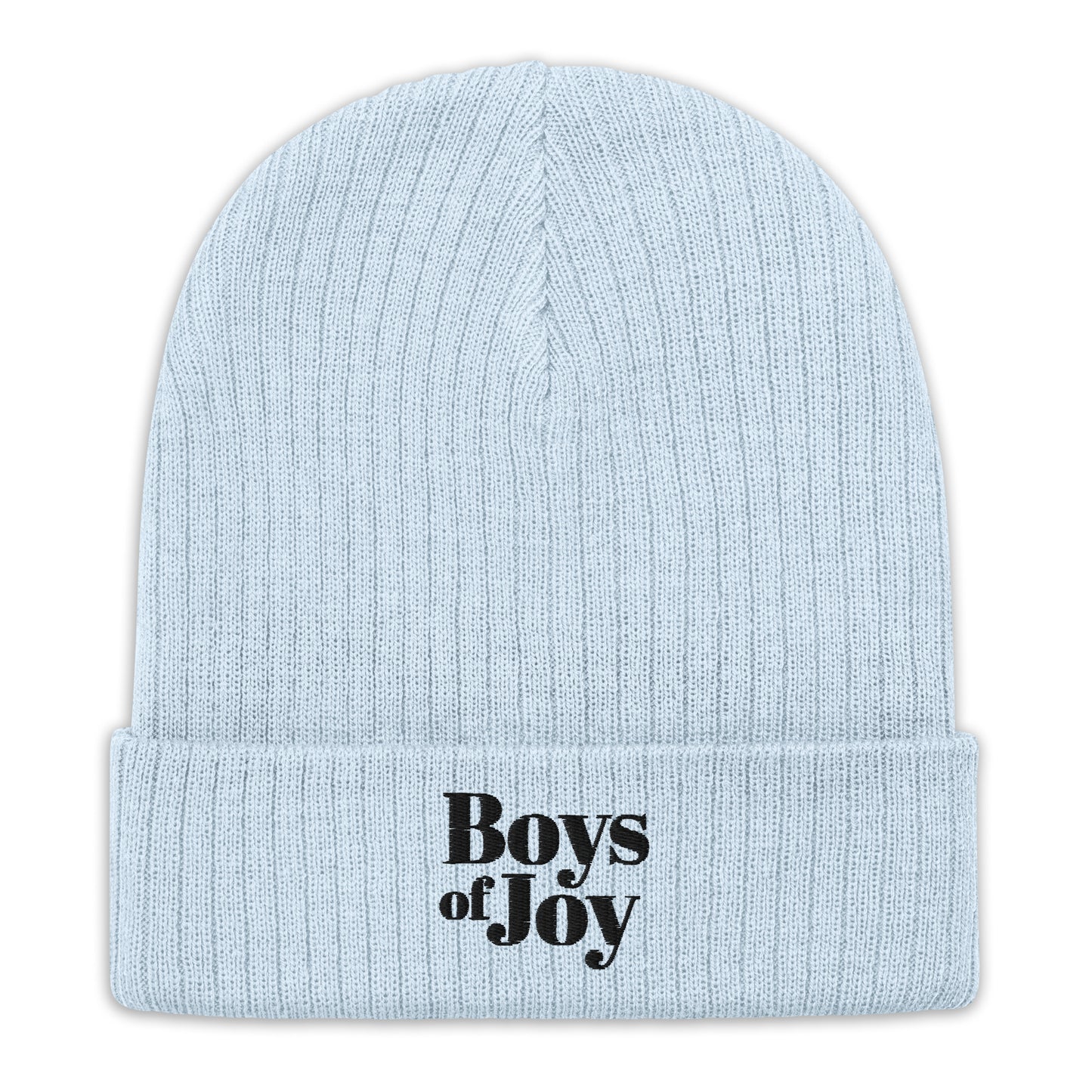 Light blue ribbed knit beanie with cuff and black ‘Boys of Joy’ embroidery, front view on white.