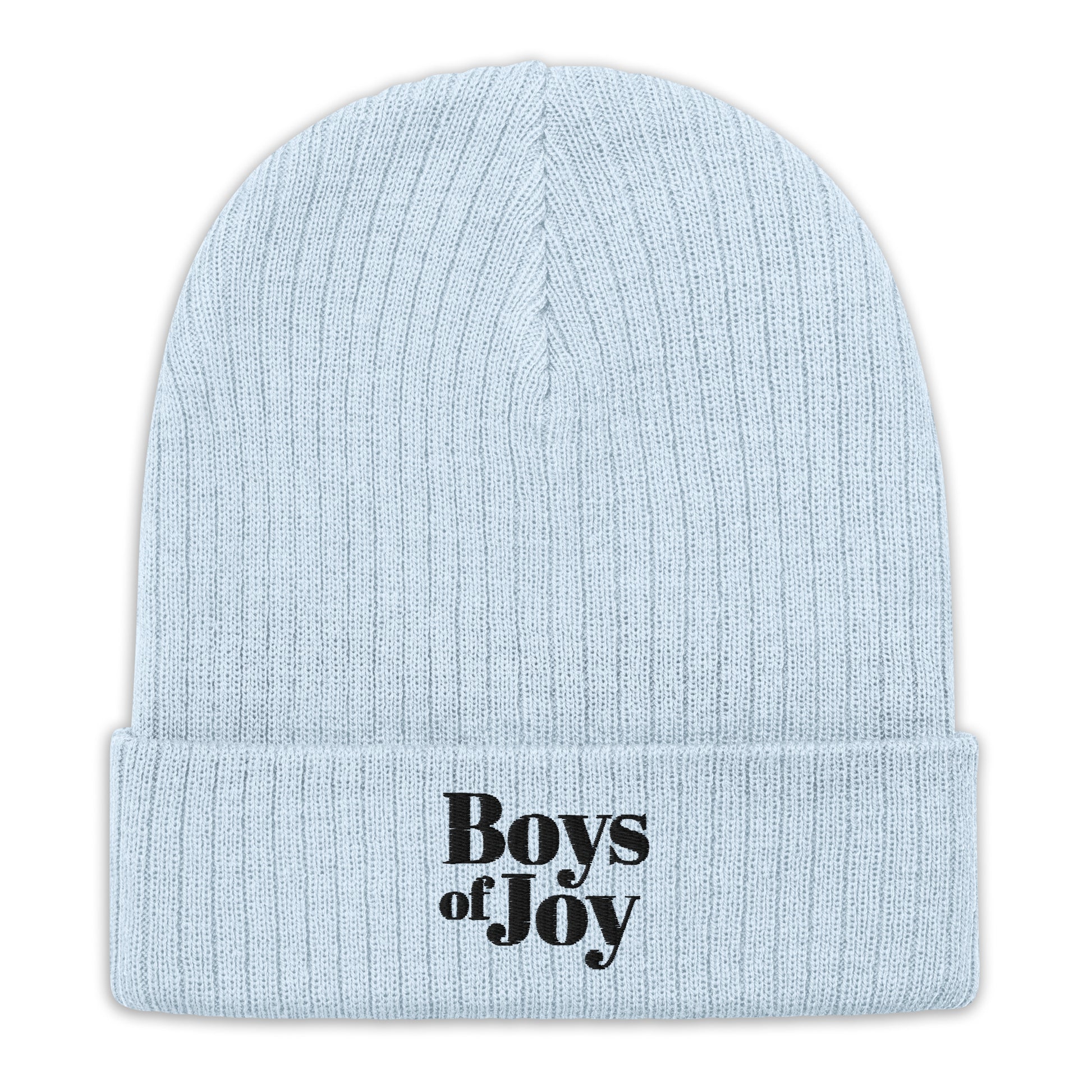 Light blue ribbed knit beanie with cuff and black ‘Boys of Joy’ embroidery, front view on white.