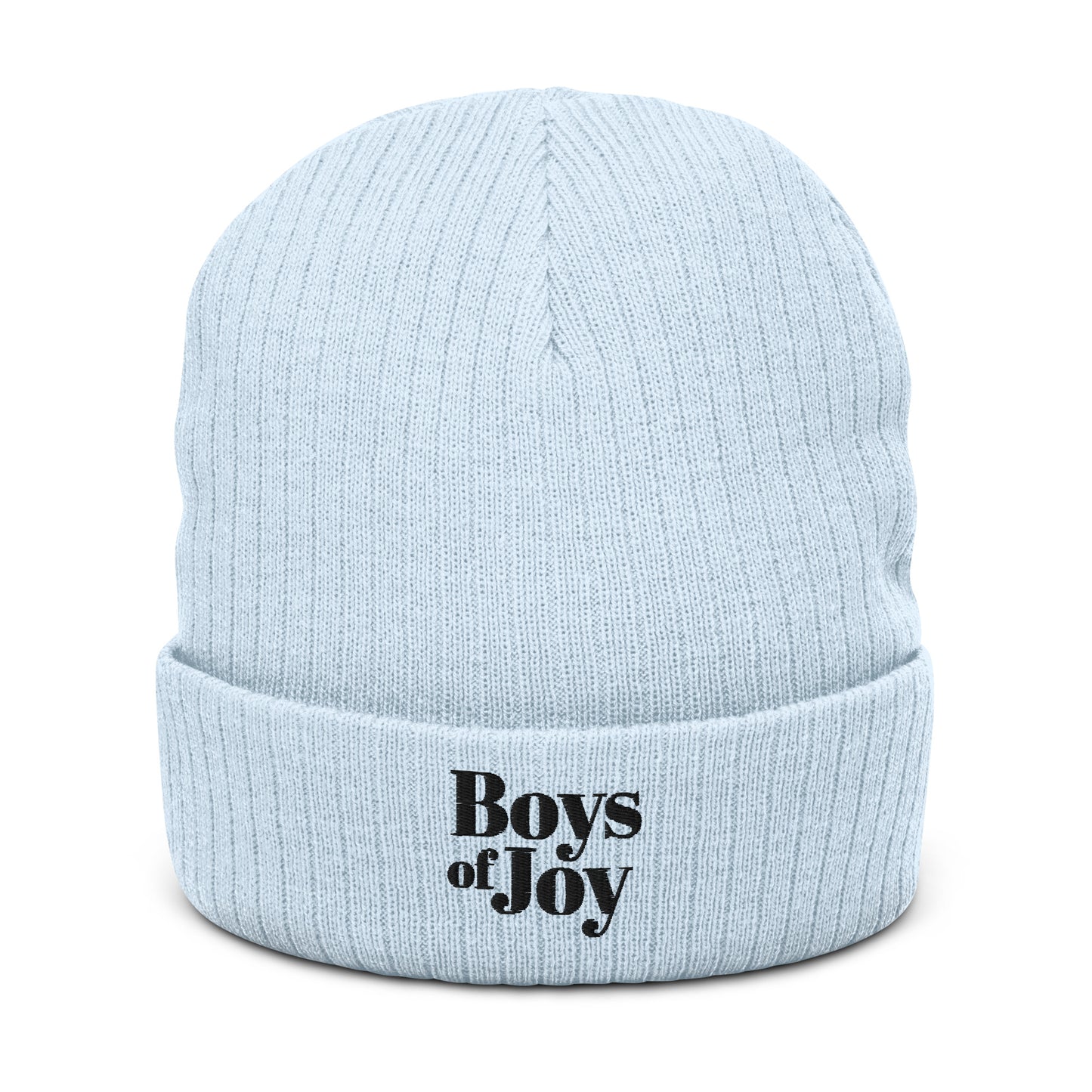 Light blue ribbed beanie, angled product view; cuffed with ‘Boys of Joy’ embroidery.