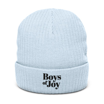 Light blue ribbed beanie, angled product view; cuffed with ‘Boys of Joy’ embroidery.
