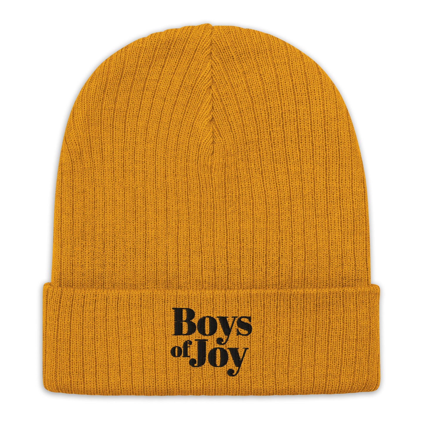 Mustard ribbed knit beanie, cuffed, black ‘Boys of Joy’ logo—front product shot on white.