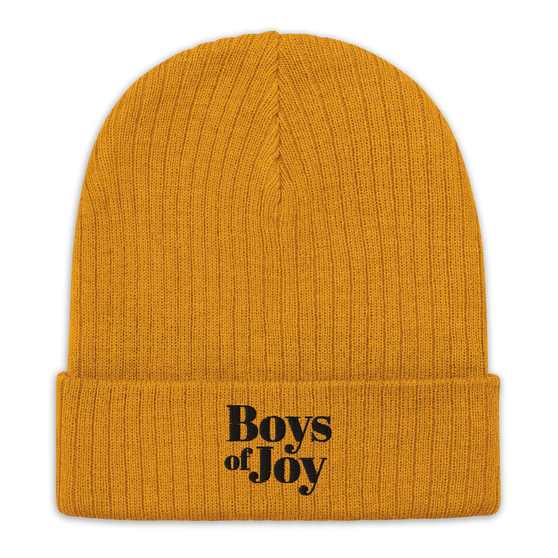 Mustard ribbed knit beanie, cuffed, black ‘Boys of Joy’ logo—front product shot on white.