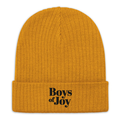 Mustard ribbed knit beanie, cuffed, black ‘Boys of Joy’ logo—front product shot on white.