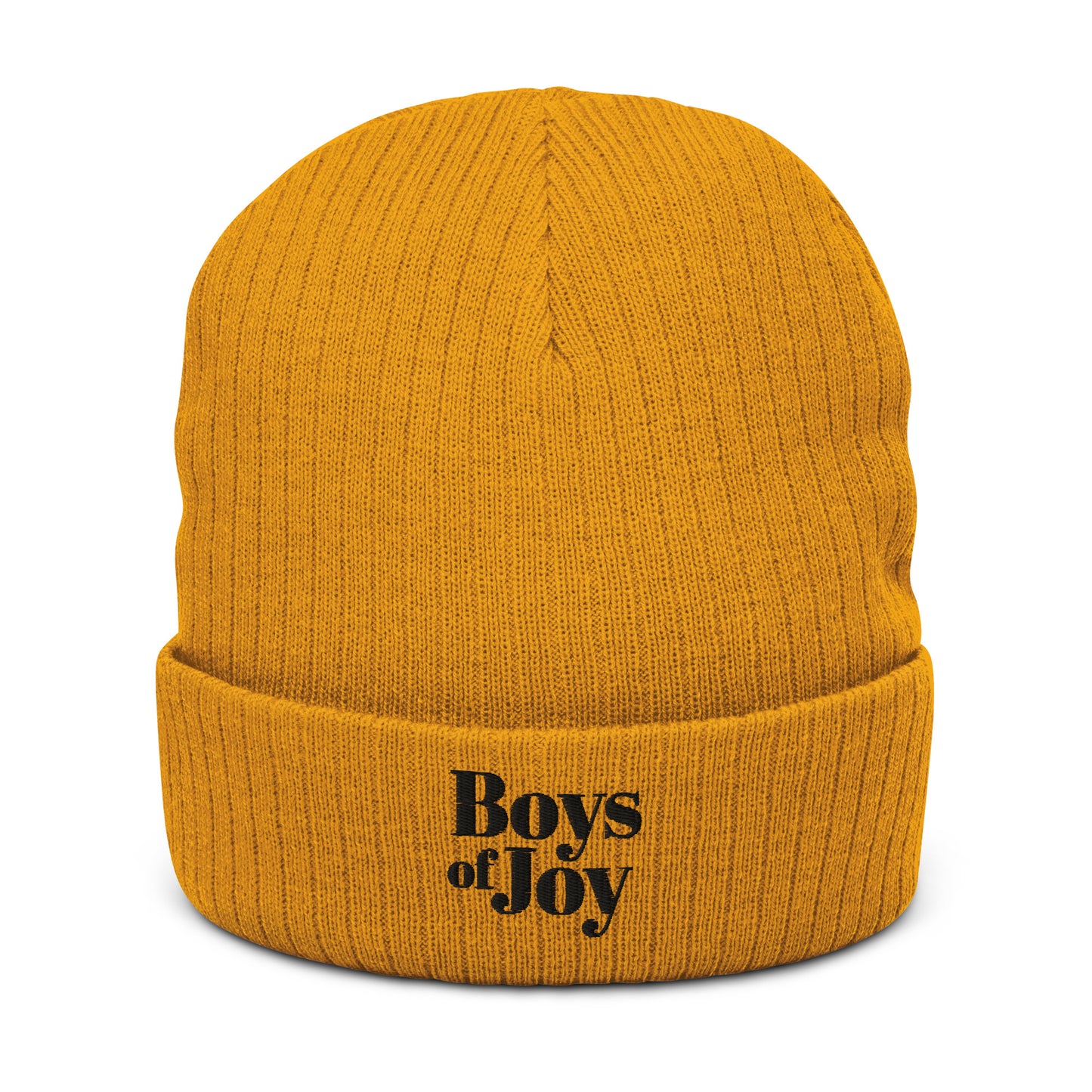 Mustard ribbed beanie, angled front view; cuffed with black ‘Boys of Joy’ embroidery.
