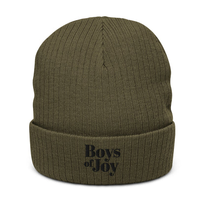 Olive ribbed beanie, front view on white; cuffed with black ‘Boys of Joy’ embroidery.