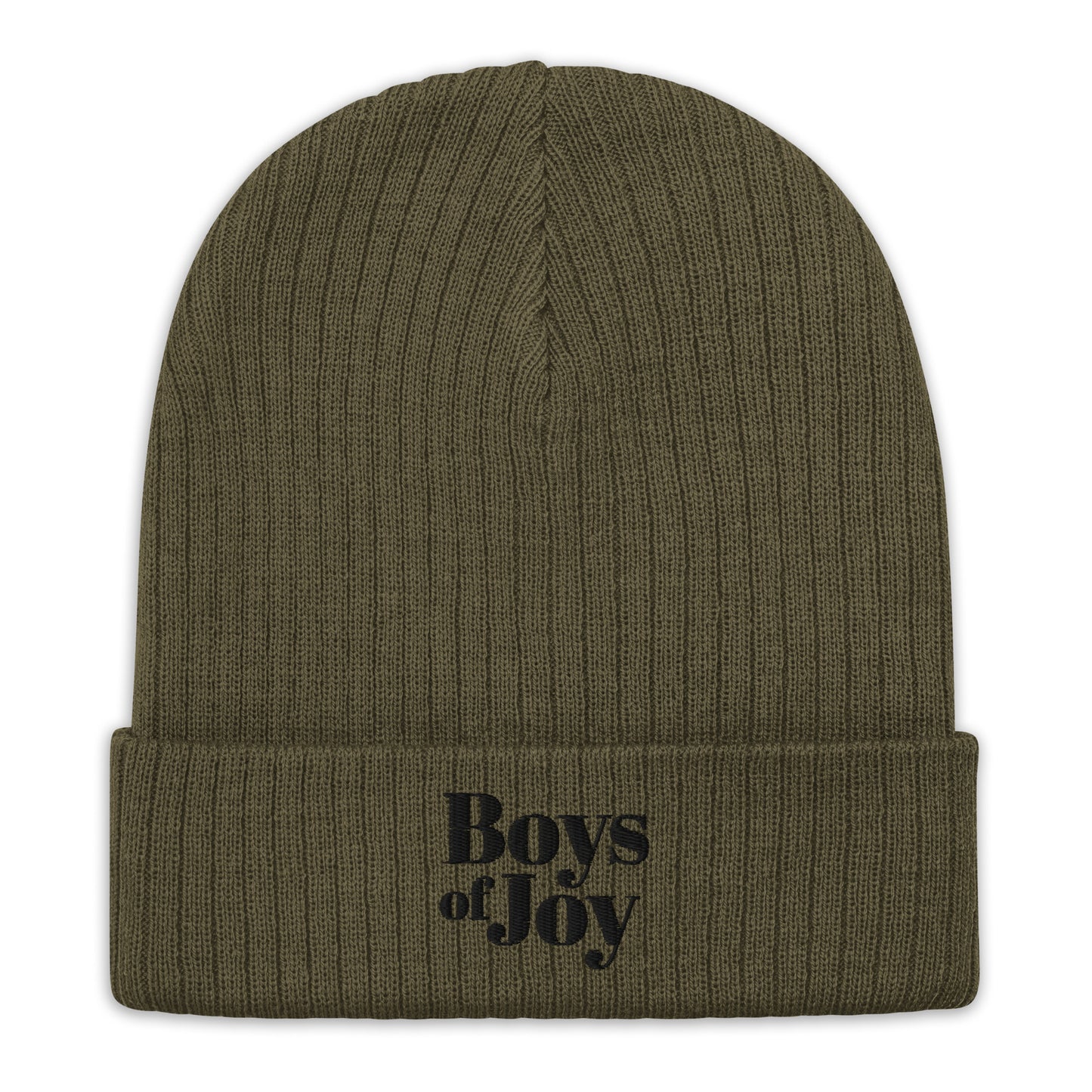 Olive ribbed knit beanie, angled product shot; cuffed with tonal black ‘Boys of Joy’ logo.