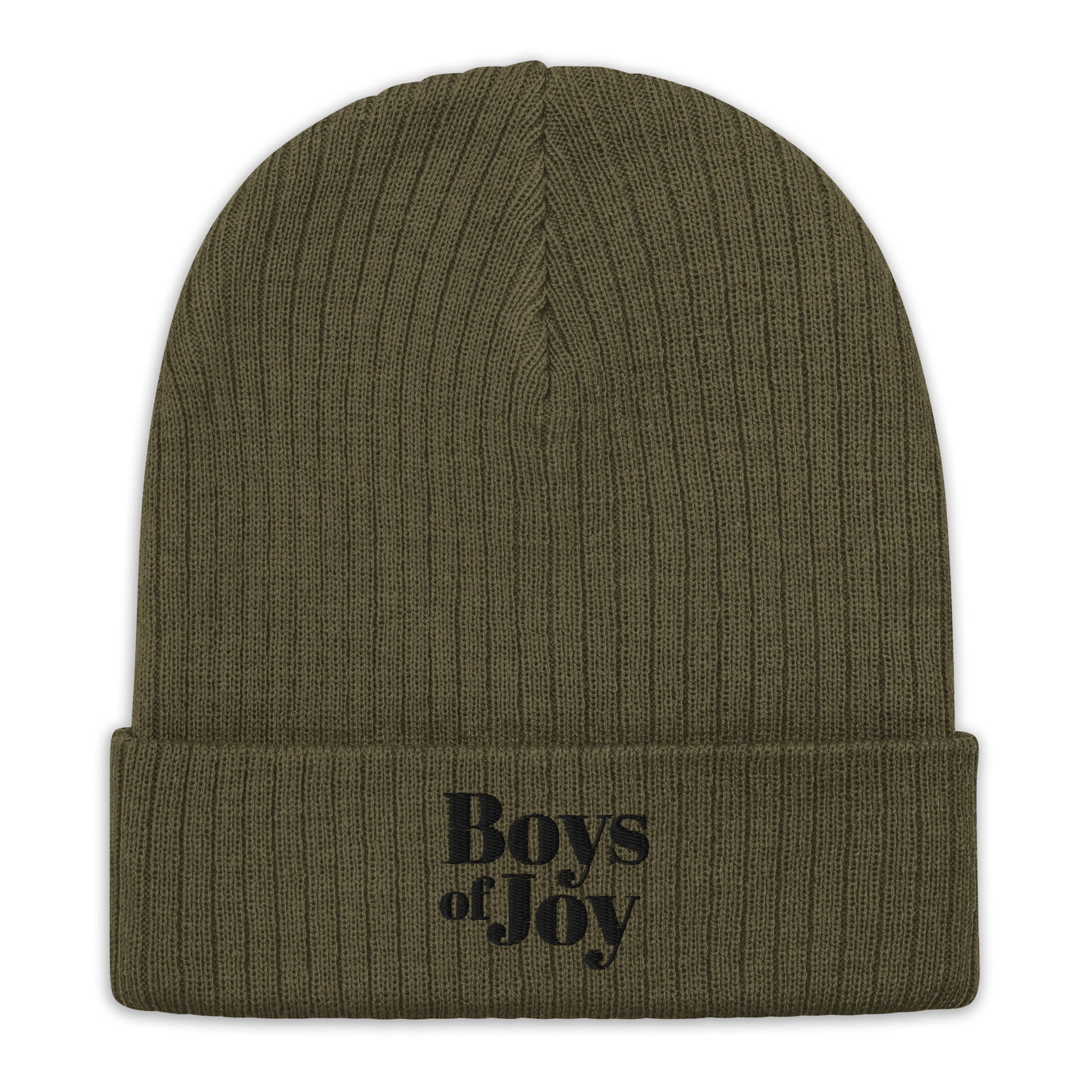 Olive ribbed knit beanie, angled product shot; cuffed with tonal black ‘Boys of Joy’ logo.