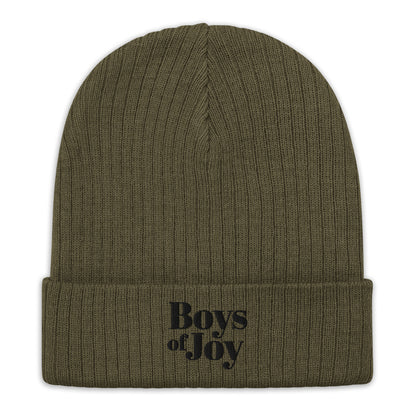 Olive ribbed knit beanie, angled product shot; cuffed with tonal black ‘Boys of Joy’ logo.