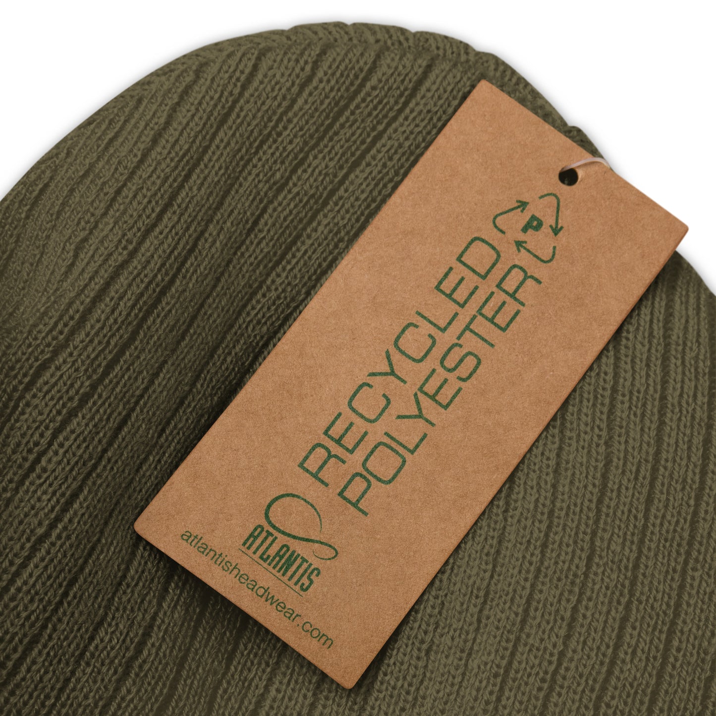 Close-up of olive ribbed fabric with ‘Recycled Polyester’ tag from Atlantis Headwear.