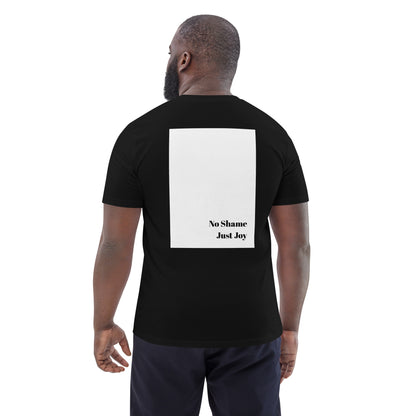 Boys of Joy organic black tee, back view with large white rectangle print and “No Shame Just Joy” text.