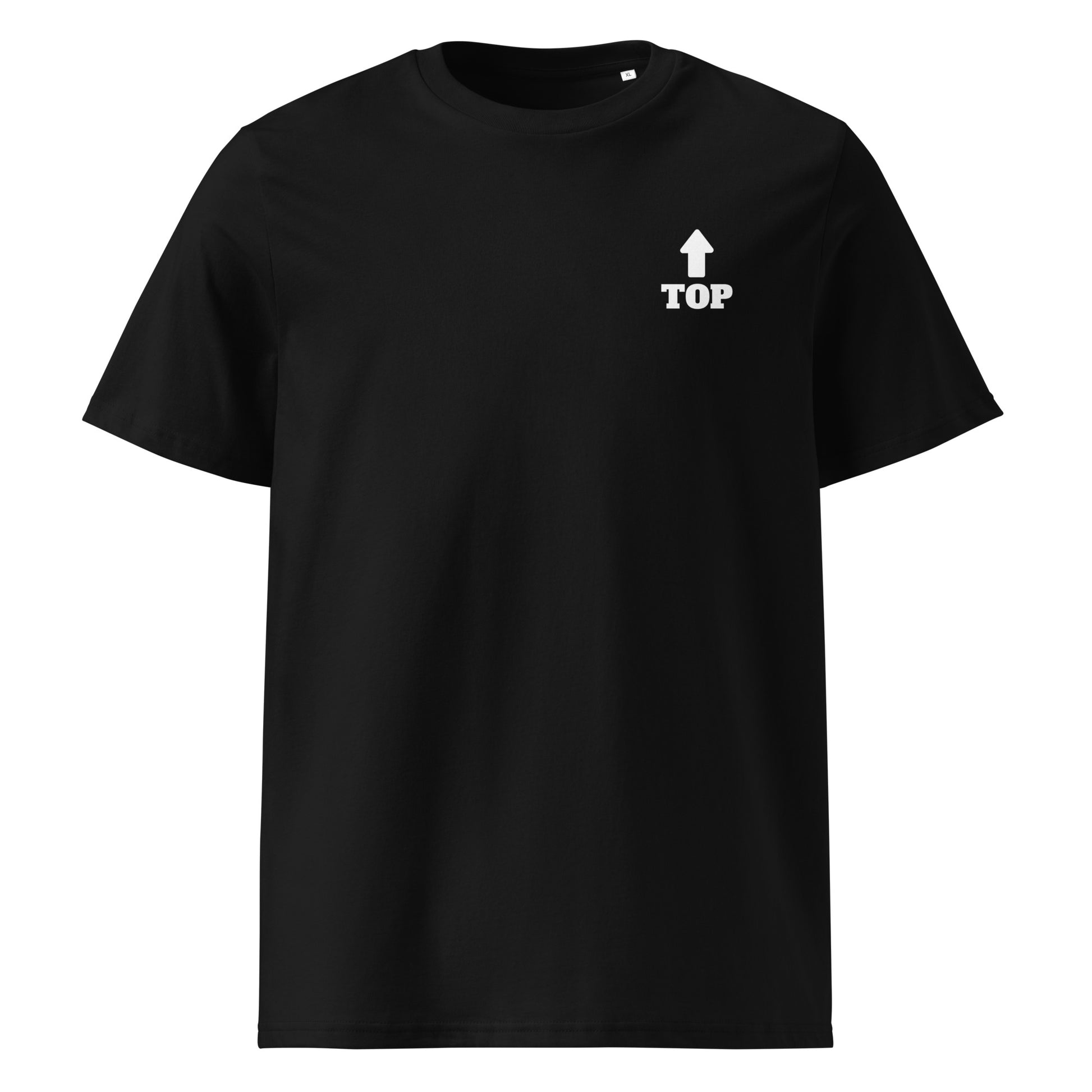 Boys of Joy organic black tee, front view with small “TOP” and upward arrow on left chest.