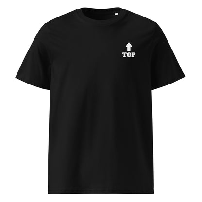 Boys of Joy organic black tee, front view with small “TOP” and upward arrow on left chest.