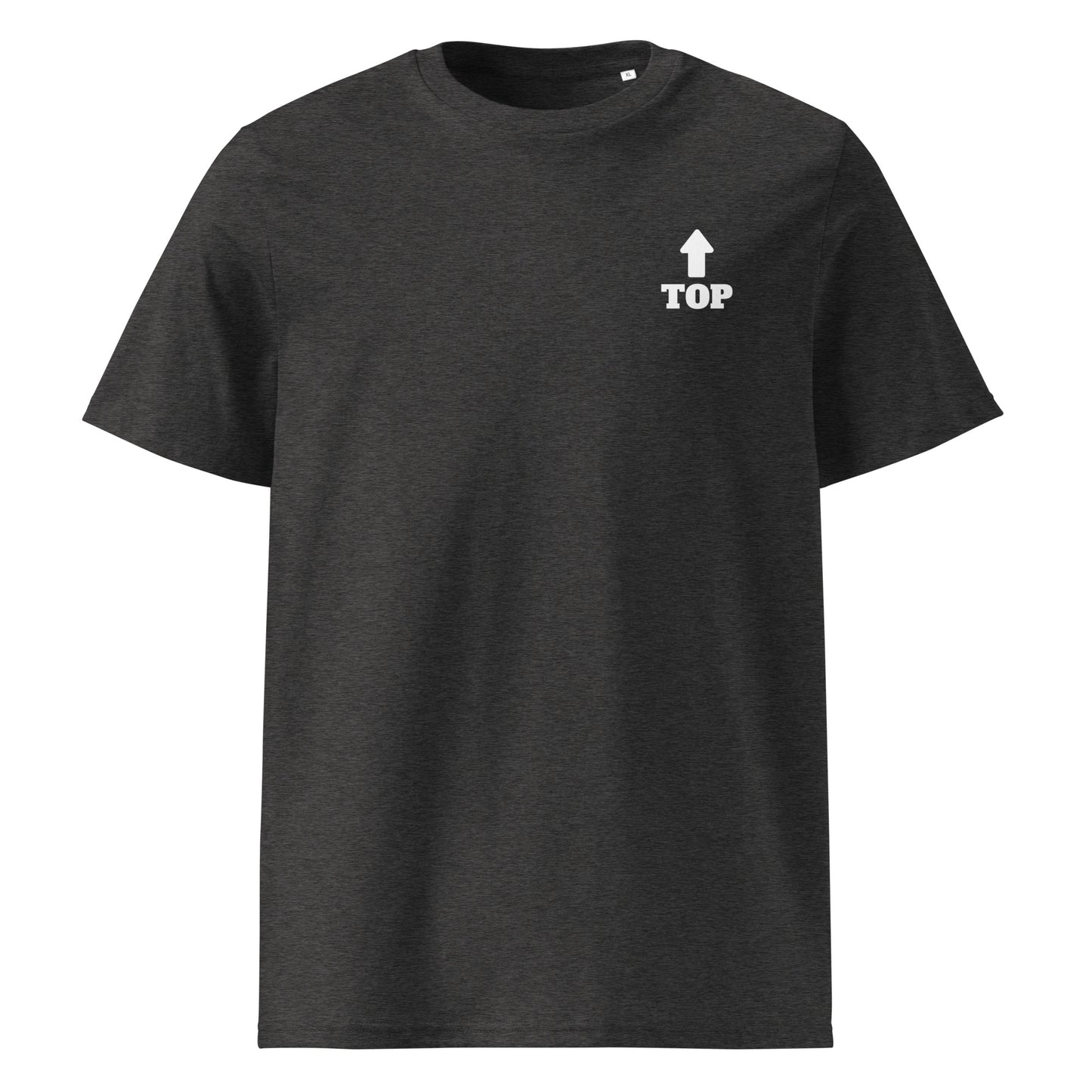 Boys of Joy dark heather grey organic cotton tee, front view with small “TOP” and upward arrow on left chest.