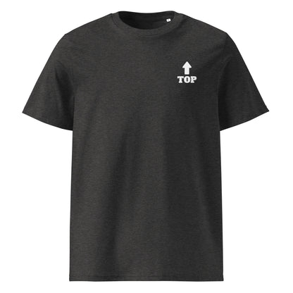 Boys of Joy dark heather grey organic cotton tee, front view with small “TOP” and upward arrow on left chest.