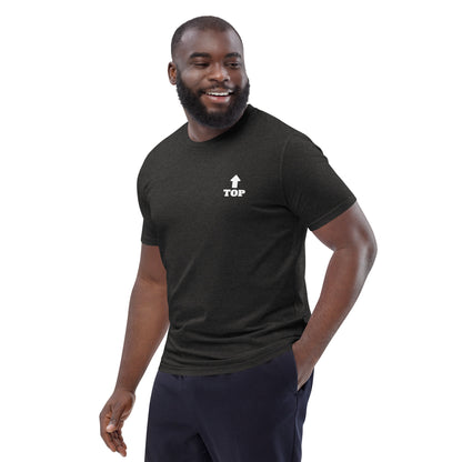 Model wearing dark heather grey Boys of Joy tee, three-quarter front view with “TOP” and upward arrow chest print.