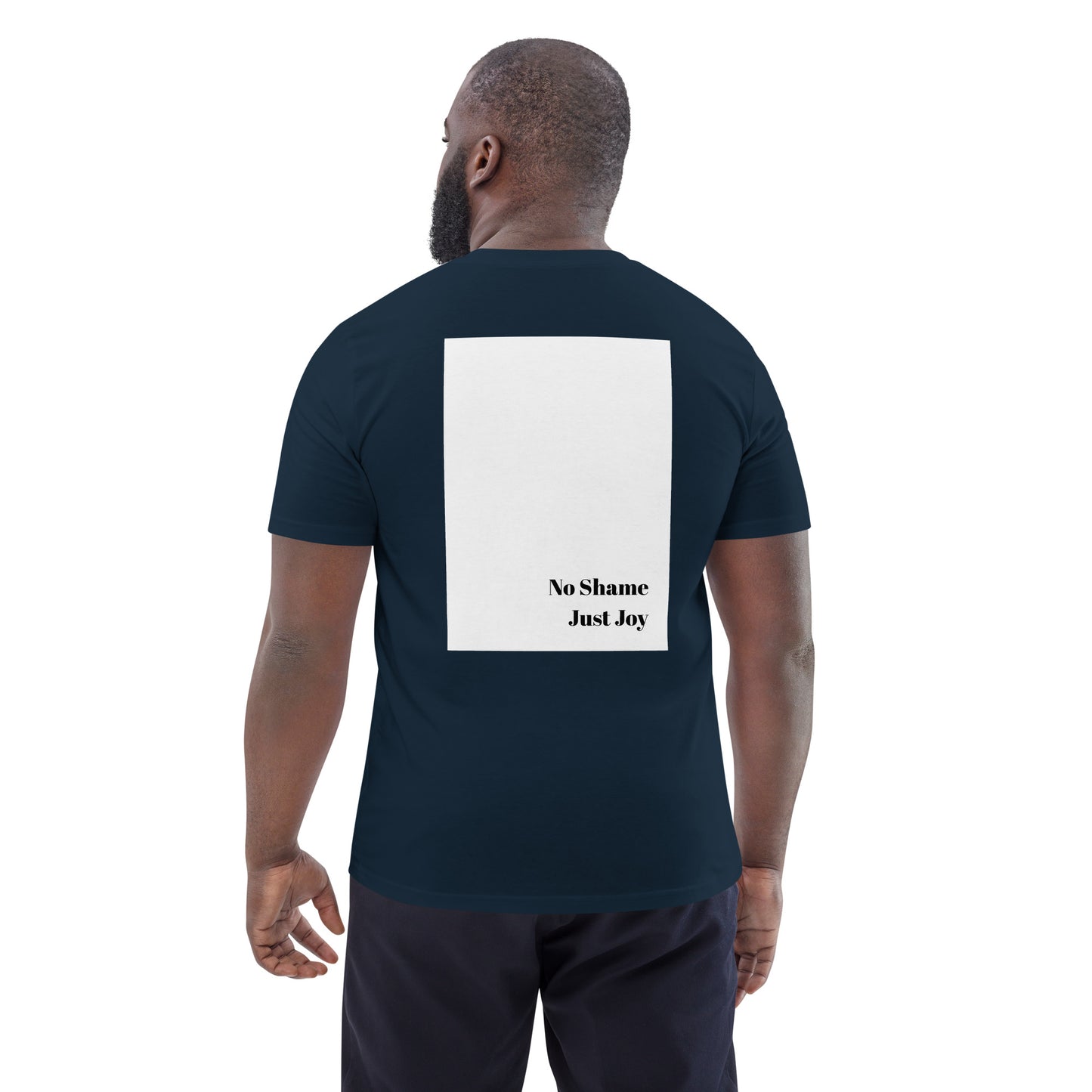 Model wearing French navy Boys of Joy tee, back view with large white rectangle and “No Shame Just Joy” print.