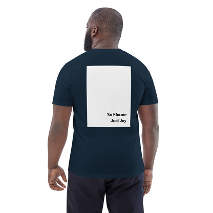 Model wearing French navy Boys of Joy tee, back view with large white rectangle and “No Shame Just Joy” print.