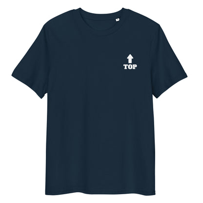 Boys of Joy French navy organic cotton tee, front view with small “TOP” and upward arrow on left chest.