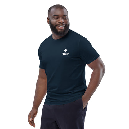 Model wearing Boys of Joy navy tee, three-quarter view, chest “TOP” with upward arrow.