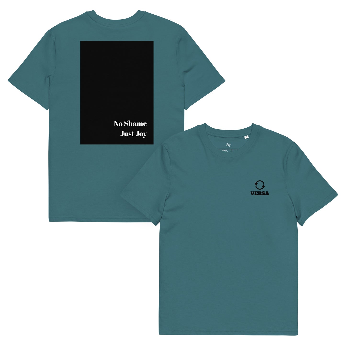 Stargazer blue unisex organic-cotton T-shirt shown front and back: small black VERSA logo on left chest; large black rectangle on back with white text ‘No Shame. Just Joy.’